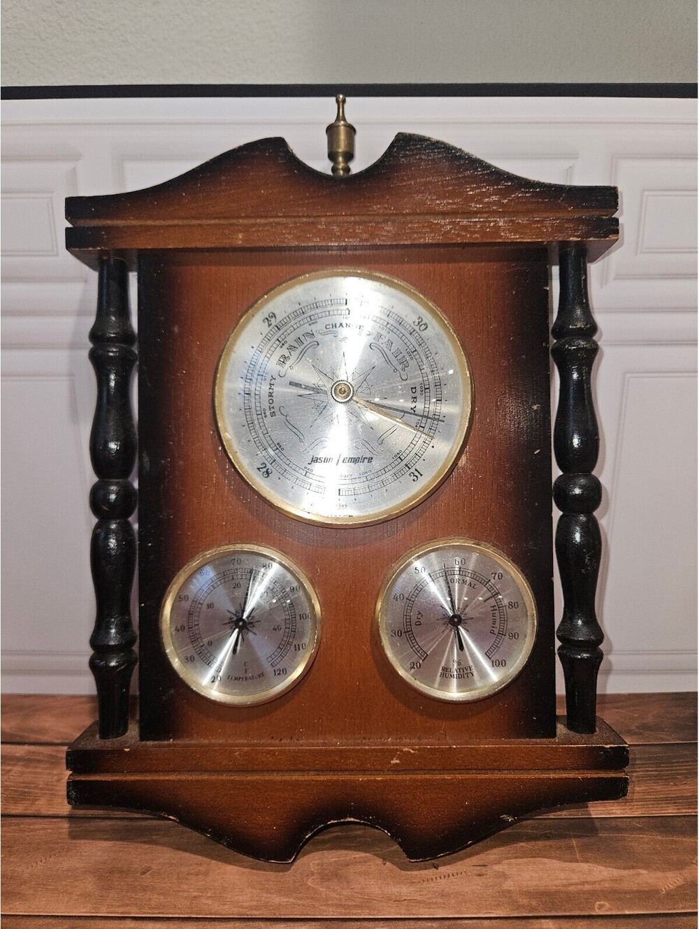 Vintage Wooden Weather Station with Thermometer, Barometer, and Hygrometer